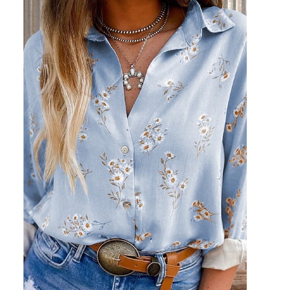 Boho Floral Print Button Down Boyfriend Shirt - Picture 6 of 6